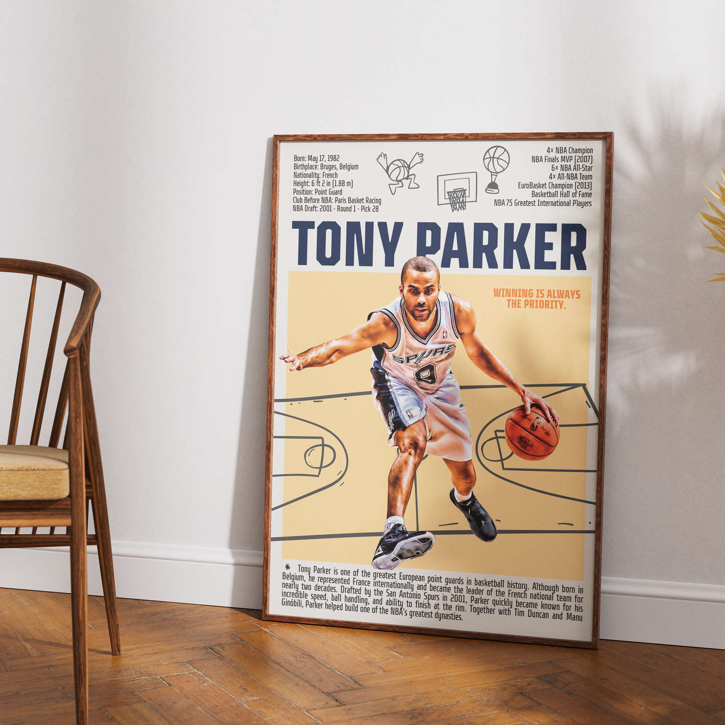 Tony Parker basketball poster — France Spurs 4x champion first European Finals MVP minimalist wall art print UK
