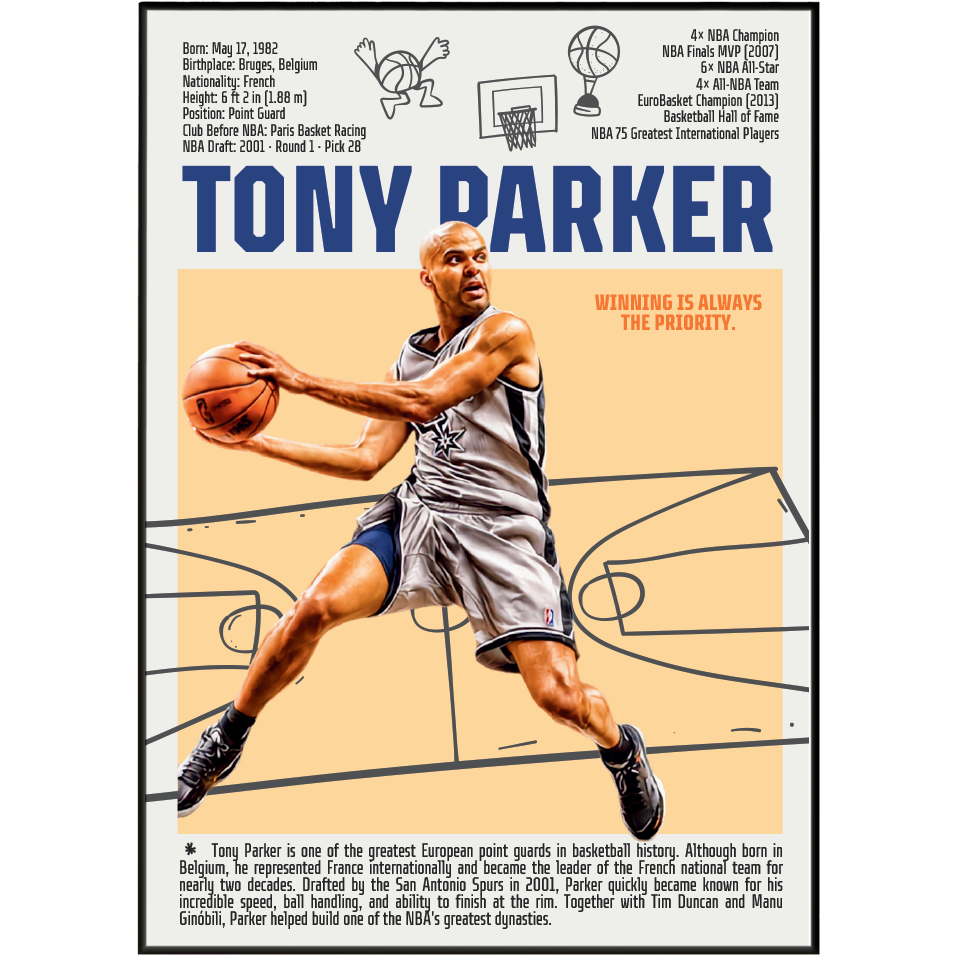 Tony Parker basketball poster — France Spurs 4x champion first European Finals MVP minimalist wall art print UK