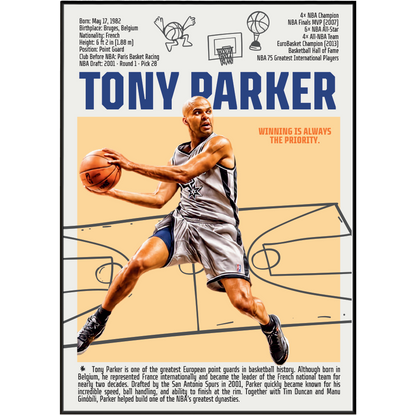 Tony Parker basketball poster — France Spurs 4x champion first European Finals MVP minimalist wall art print UK