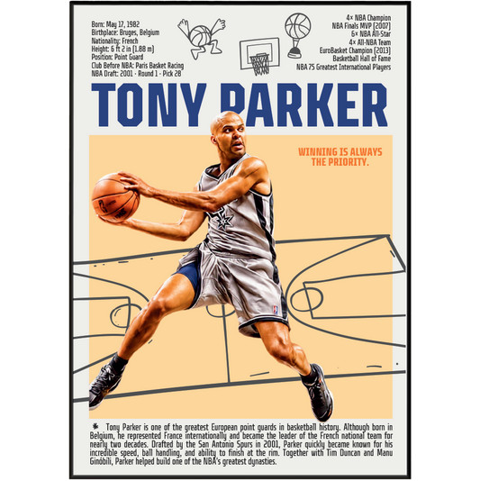 Tony Parker basketball poster — France Spurs 4x champion first European Finals MVP minimalist wall art print UK