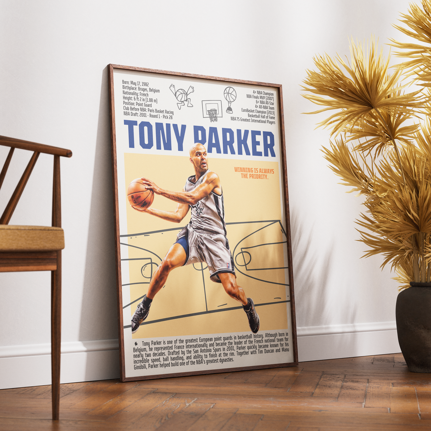 Tony Parker basketball poster — France Spurs 4x champion first European Finals MVP minimalist wall art print UK