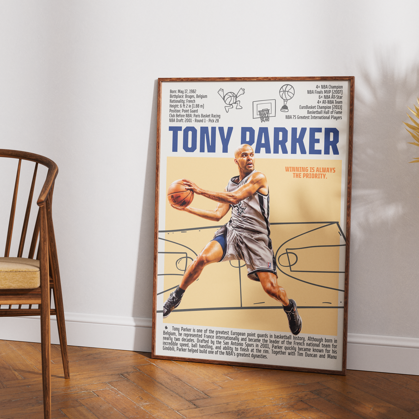 Tony Parker basketball poster — France Spurs 4x champion first European Finals MVP minimalist wall art print UK