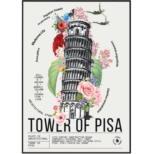 Leaning Tower of Pisa vintage botanical archive print UK — Torre di Pisa landmark wall art 260gsm printed in England Camden Market

