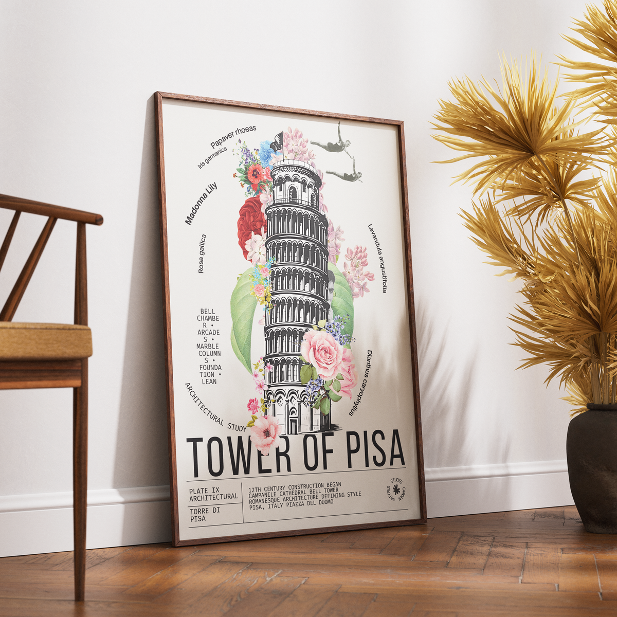 Leaning Tower of Pisa vintage botanical archive print UK — Torre di Pisa landmark wall art 260gsm printed in England Camden Market
