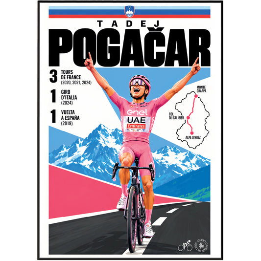 A framed cycling poster featuring Tadej Pogačar in a pink jersey riding a road bike, with mountains, a road, and text celebrating his Tour de France victories. The poster has a white border and is shown against a light gray background.