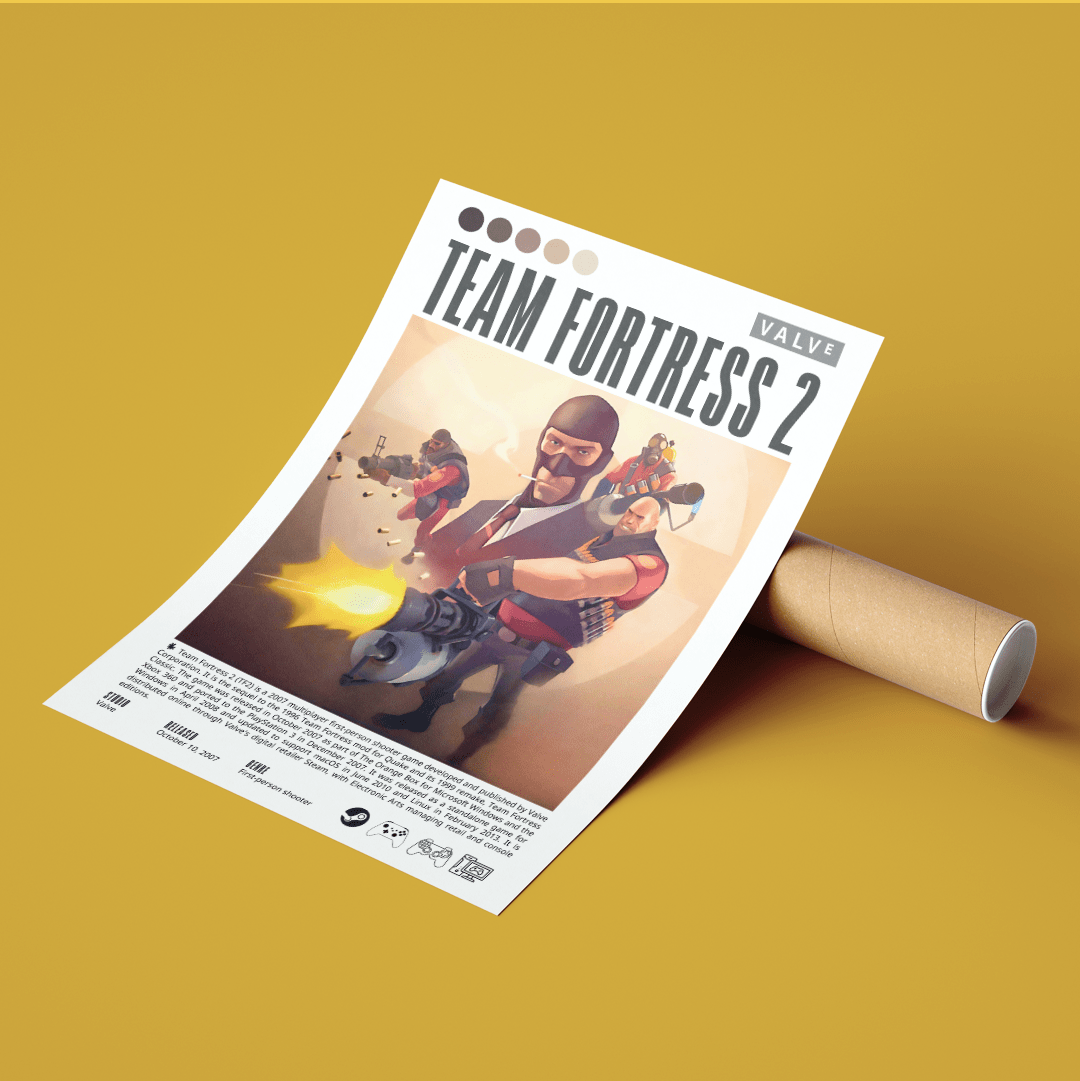 Team Fortress 2 2007 game poster — Valve RED BLU nine classes cartoon team shooter wall art print UK - 98types