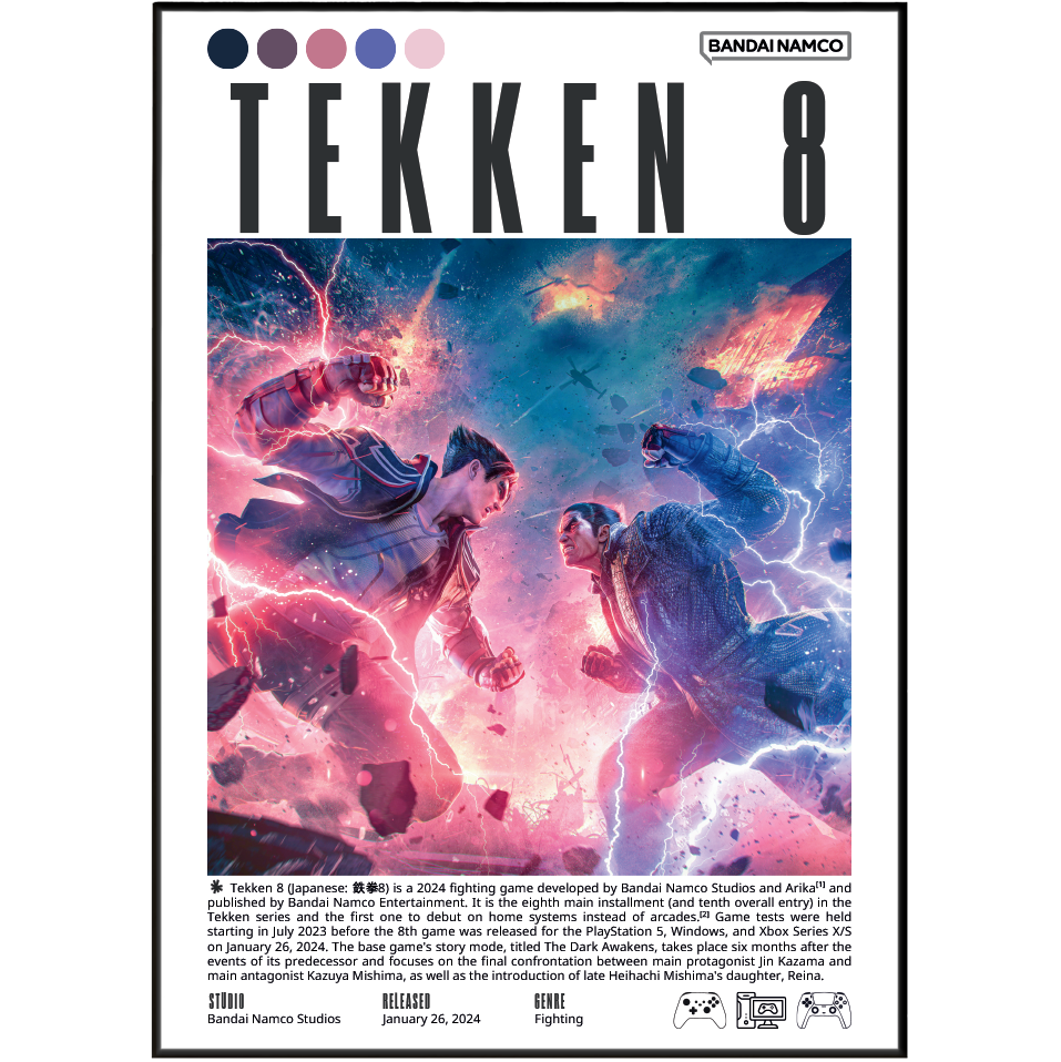 Tekken 8 2024 fighting poster — Jin Kazama Kazuya Mishima Heat System cinematic wall art print UK
