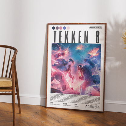 A framed Tekken 8 poster leaning against a white wall on a wooden floor, with part of a wooden chair visible on the left. The poster features colorful anime-style characters and the Tekken 8 title.