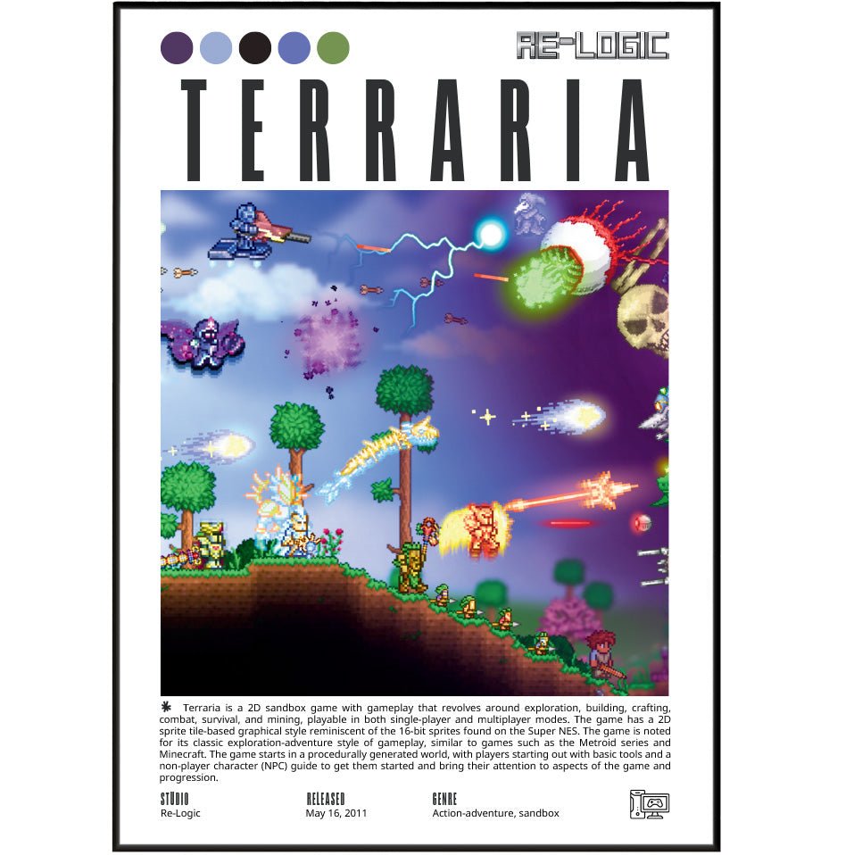 Terraria 2011 game poster — Re-Logic 2D sandbox survival crafting wall art print UK
 - 98types