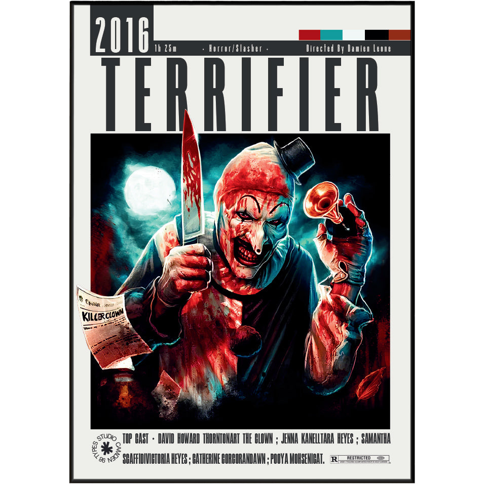 Terrifier Damien Leone film poster print UK — Art the Clown David Howard Thornton slasher horror wall art 260gsm printed in England Camden Market