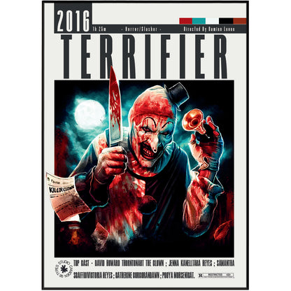 Terrifier Damien Leone film poster print UK — Art the Clown David Howard Thornton slasher horror wall art 260gsm printed in England Camden Market
