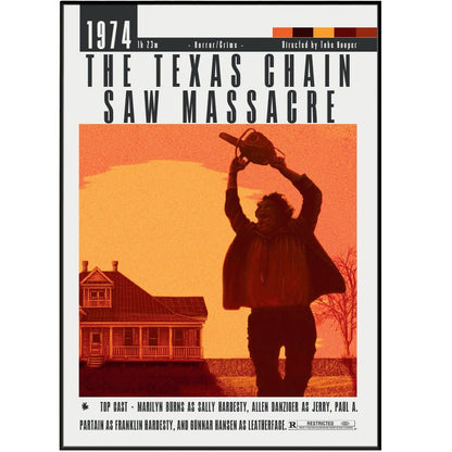 Texas Chain Saw Massacre 1974 horror film poster UK. Tobe Hooper Leatherface Sally Hardesty hitchhiker rural Texas cannibal wall art print. Classic horror gift. Multiple sizes. Fast UK delivery. Buy 3 get 1 FREE.
