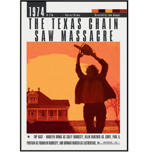 Texas Chain Saw Massacre 1974 horror film poster UK. Tobe Hooper Leatherface Sally Hardesty hitchhiker rural Texas cannibal wall art print. Classic horror gift. Multiple sizes. Fast UK delivery. Buy 3 get 1 FREE.
