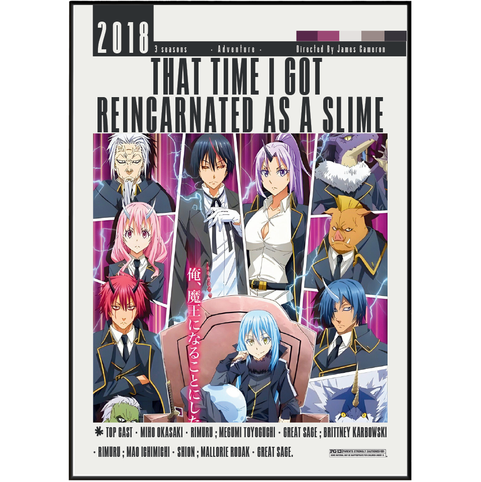 A printed poster or cover-style artwork for the anime series That Time I Got Reincarnated as a Slime, showing multiple illustrated characters in school uniforms against a pink and purple grid background, with large title text at the top and a white border around the design.