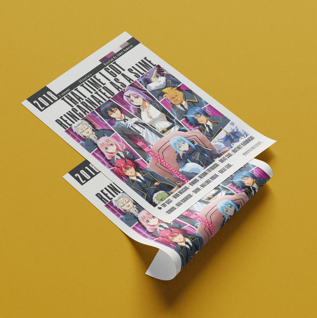 A rolled sheet of wrapping paper featuring anime character artwork and text, displayed on a solid mustard yellow background.