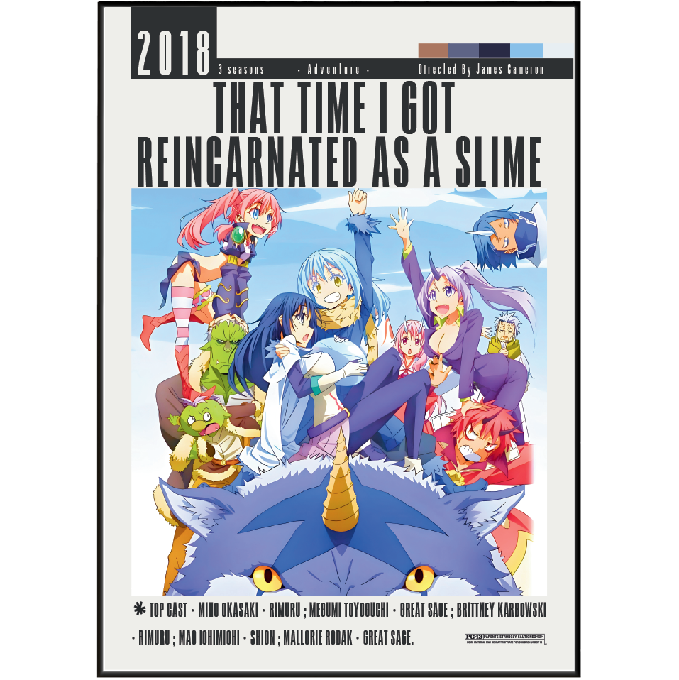 A vertical anime poster print featuring the title 'That Time I Got Reincarnated as a Slime' with multiple colorful illustrated characters and a large blue slime character at the bottom. The poster has a white border and black text, shown against a light gray background.