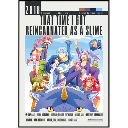A vertical anime poster print featuring the title 'That Time I Got Reincarnated as a Slime' with multiple colorful illustrated characters and a large blue slime character at the bottom. The poster has a white border and black text, shown against a light gray background.