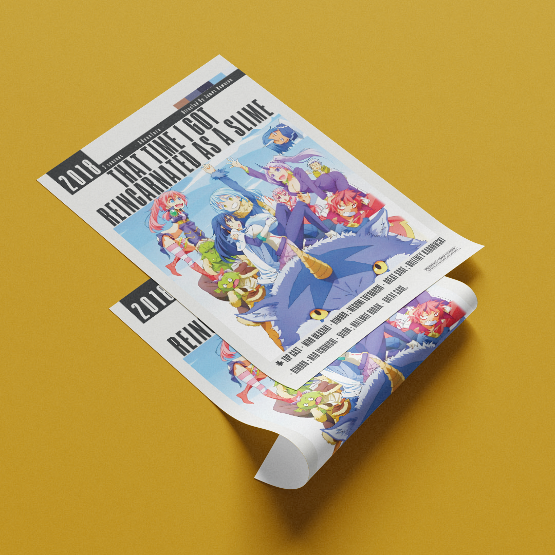 A rolled and partially unrolled anime poster on a solid mustard yellow background. The poster features colorful character artwork with the title '2016 REIN' and the tagline 'THE TIME IT RAINBUMED WAS A SLIME'.