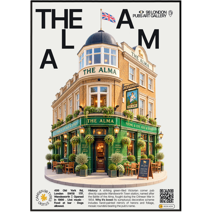 The Alma poster, Wandsworth, London: green-tiled Victorian corner pub facade - 98 London Pubs Art Gallery by 98 Types