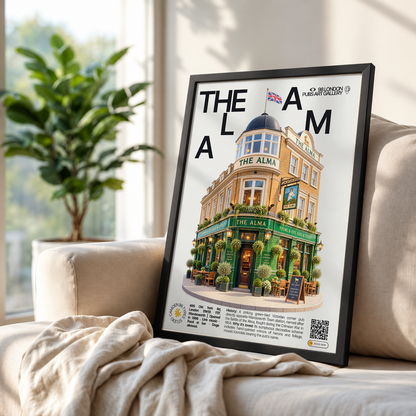The Alma poster, Wandsworth, London: green-tiled Victorian corner pub facade - 98 London Pubs Art Gallery by 98 Types