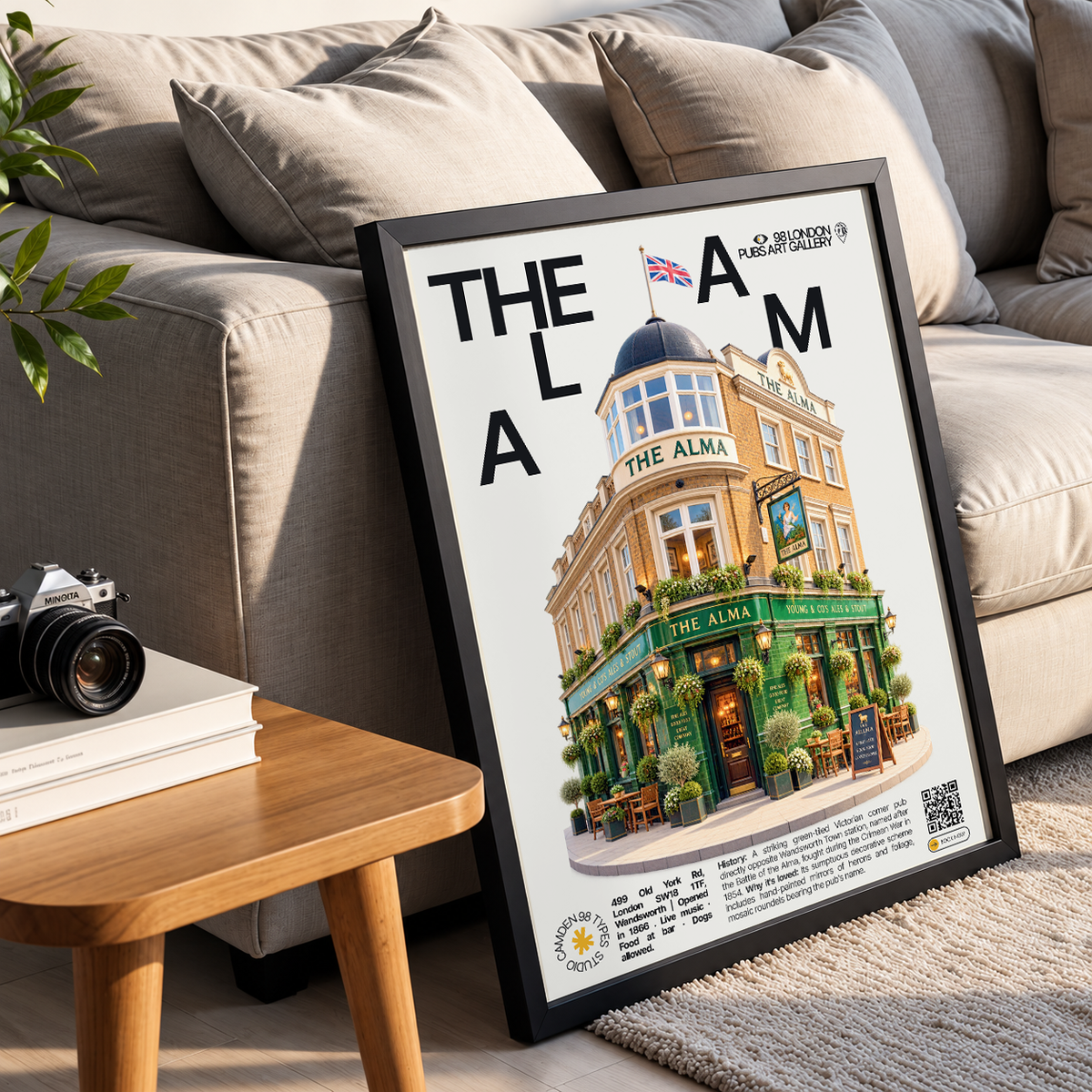 The Alma poster, Wandsworth, London: green-tiled Victorian corner pub facade - 98 London Pubs Art Gallery by 98 Types