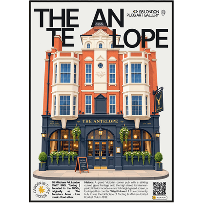 The Antelope poster, Tooting, London: curved glass Victorian pub facade on a high street - 98 London Pubs Art Gallery by 98 Types