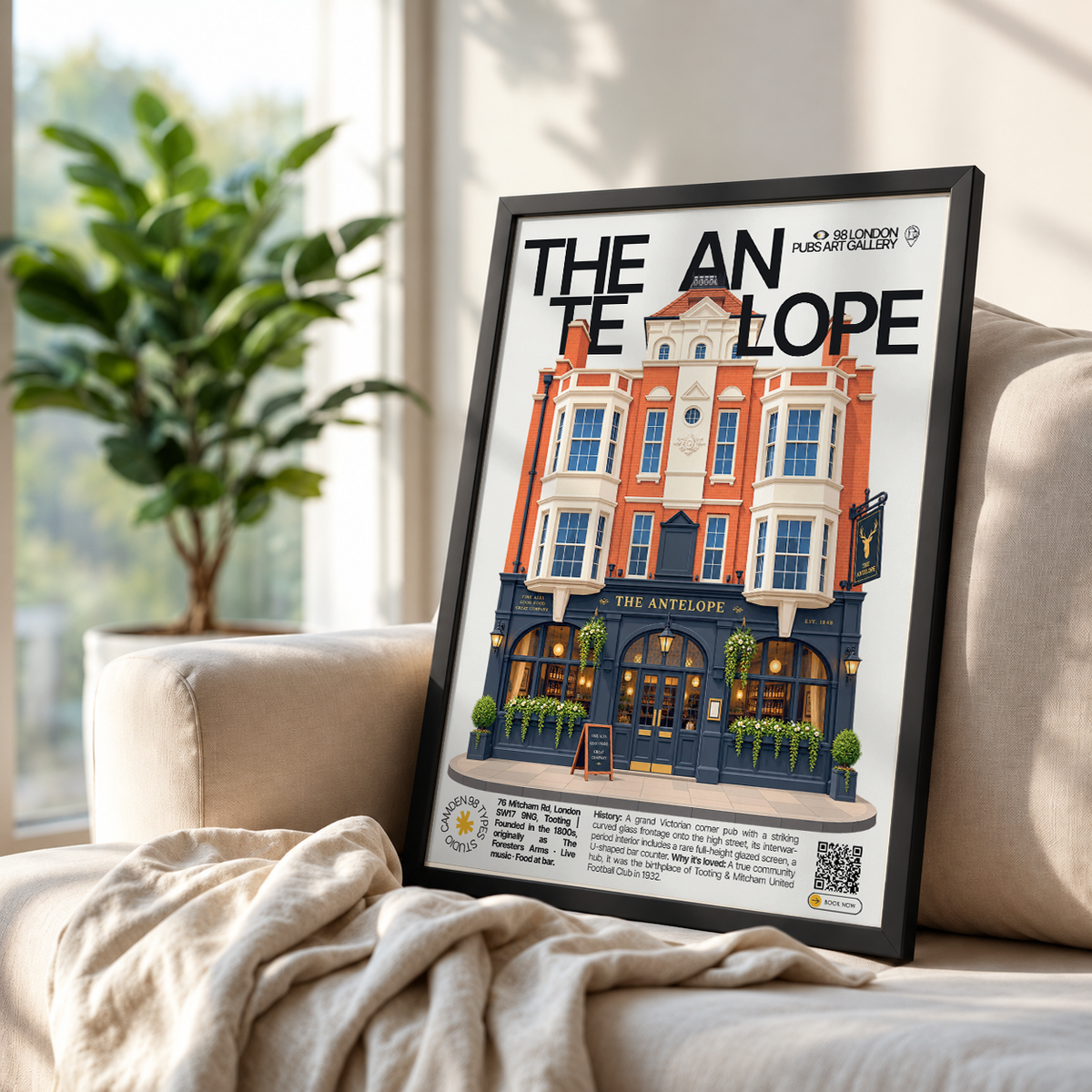 The Antelope poster, Tooting, London: curved glass Victorian pub facade on a high street - 98 London Pubs Art Gallery by 98 Types
