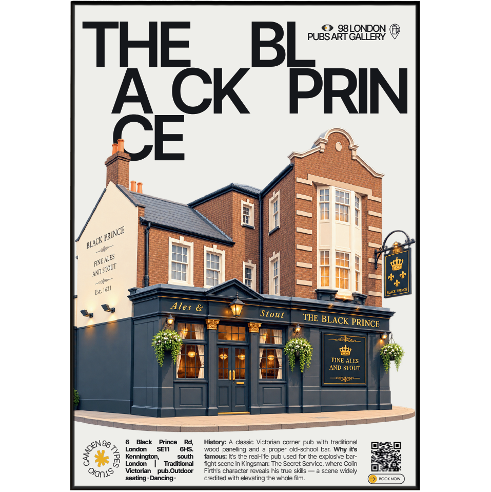The Black Prince poster, Kennington, London: traditional Victorian pub facade in Kennington - 98 London Pubs Art Gallery by 98 Types