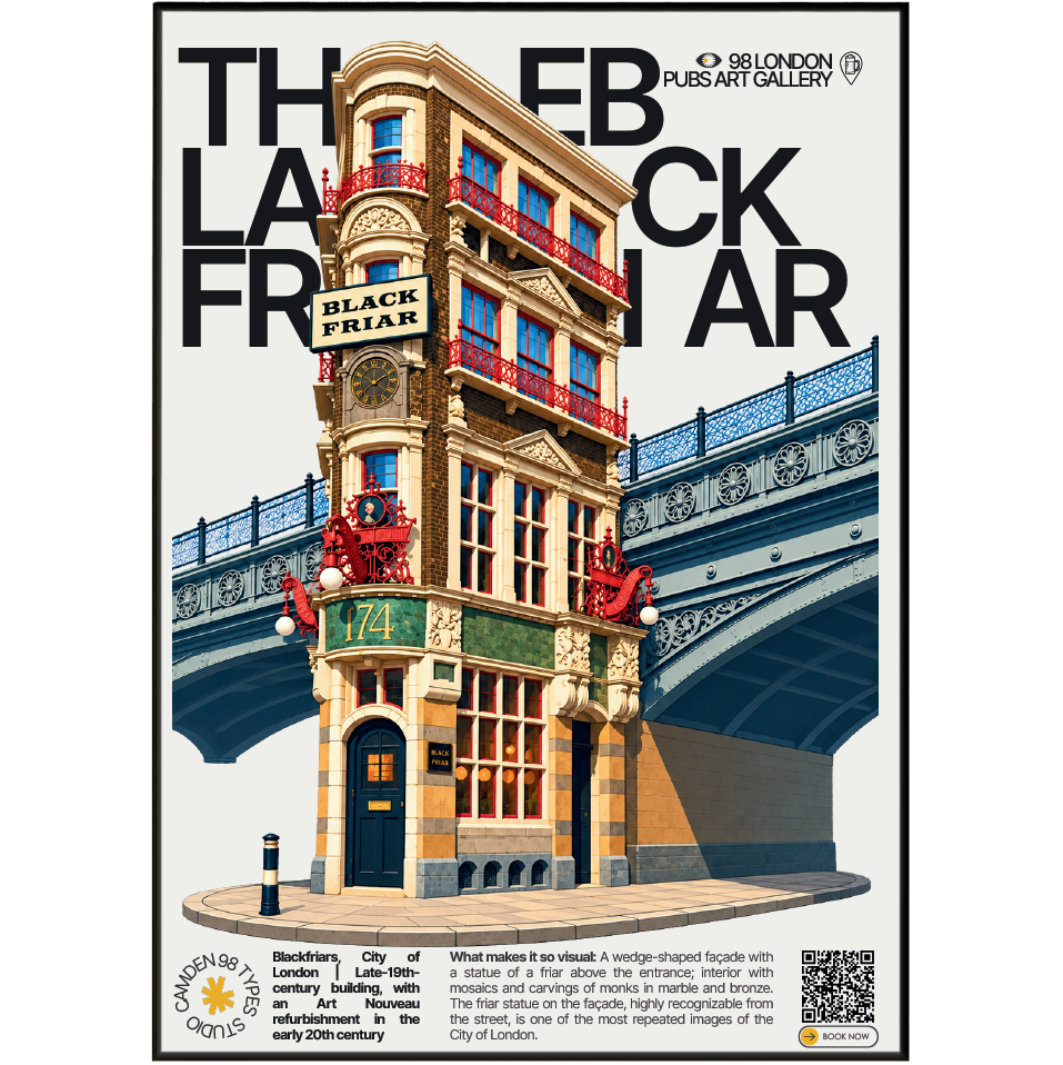 The Blackfriar poster, Blackfriars, London: wedge-shaped pub facade with a friar statue - 98 London Pubs Art Gallery by 98 Types