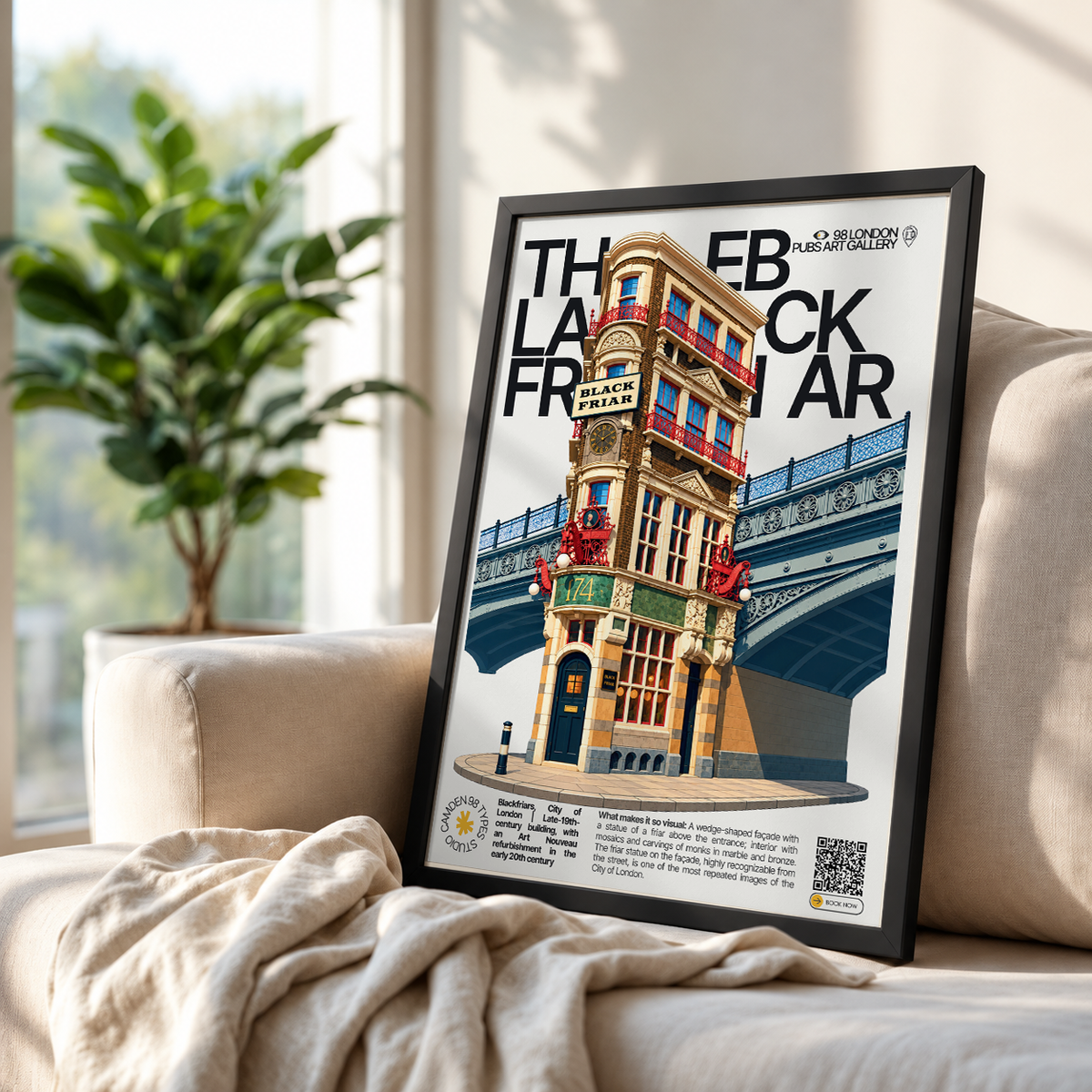 The Blackfriar poster, Blackfriars, London: wedge-shaped pub facade with a friar statue - 98 London Pubs Art Gallery by 98 Types