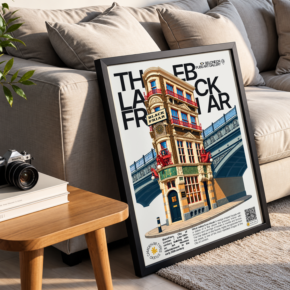 The Blackfriar poster, Blackfriars, London: wedge-shaped pub facade with a friar statue - 98 London Pubs Art Gallery by 98 Types