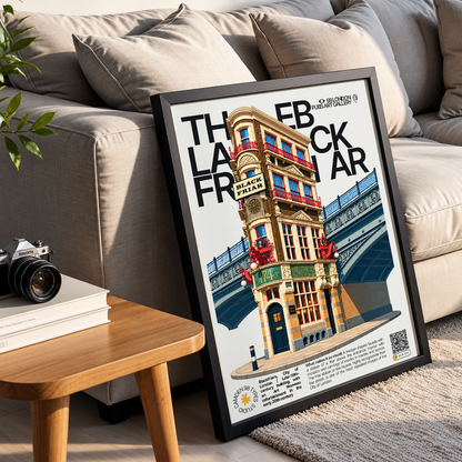 The Blackfriar poster, Blackfriars, London: wedge-shaped pub facade with a friar statue - 98 London Pubs Art Gallery by 98 Types