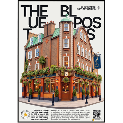 The Blue Posts poster, Soho, London: traditional pub facade beside a street market - 98 London Pubs Art Gallery by 98 Types