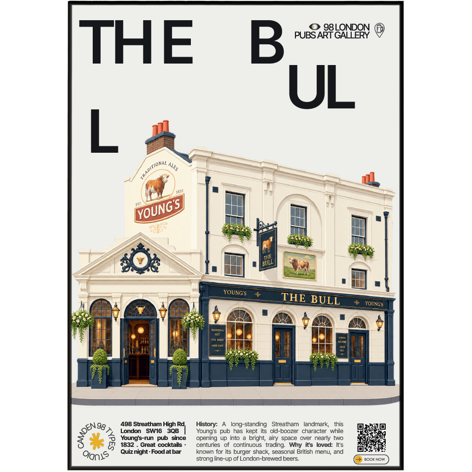 The Bull poster, Streatham, London: traditional high-street pub facade - 98 London Pubs Art Gallery by 98 Types