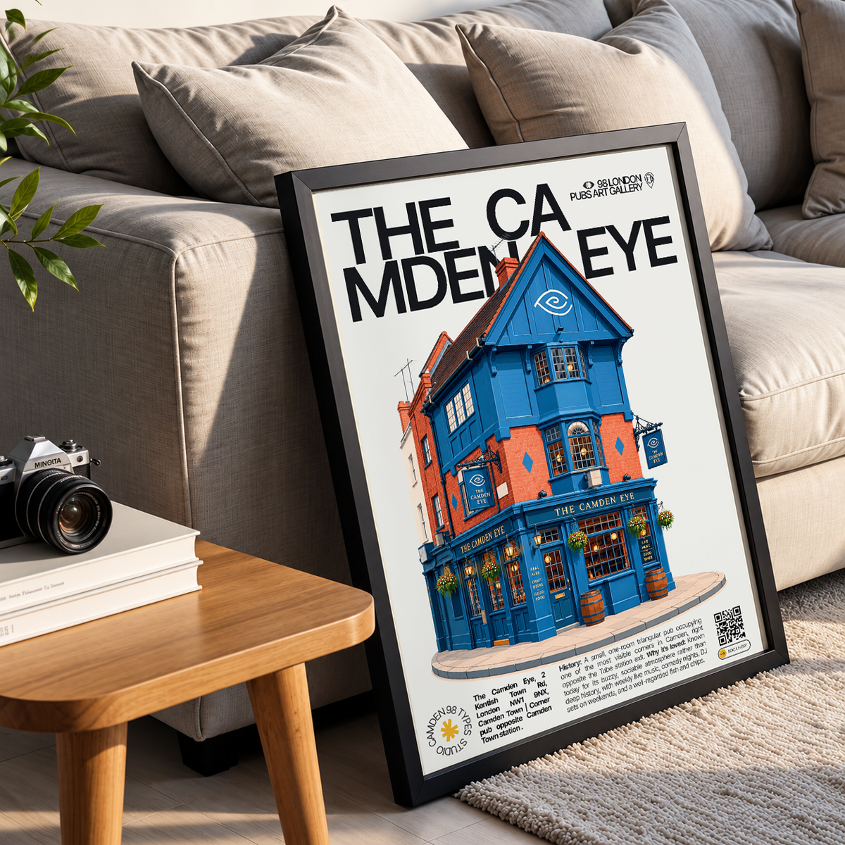 The Camden Eye poster, Camden Town, London: triangular corner pub facade opposite Camden Town tube station - 98 London Pubs Art Gallery by 98 Types
