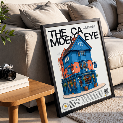 The Camden Eye poster, Camden Town, London: triangular corner pub facade opposite Camden Town tube station - 98 London Pubs Art Gallery by 98 Types