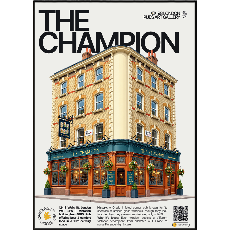 The Champion poster, Fitzrovia, London: stained glass windows depicting Victorian figures - 98 London Pubs Art Gallery by 98 Types