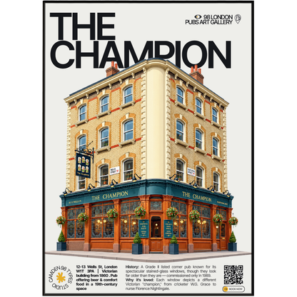 The Champion poster, Fitzrovia, London: stained glass windows depicting Victorian figures - 98 London Pubs Art Gallery by 98 Types