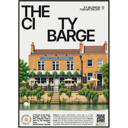 The City Barge poster, Chiswick, London: riverside pub facade at Strand-on-the-Green - 98 London Pubs Art Gallery by 98 Types