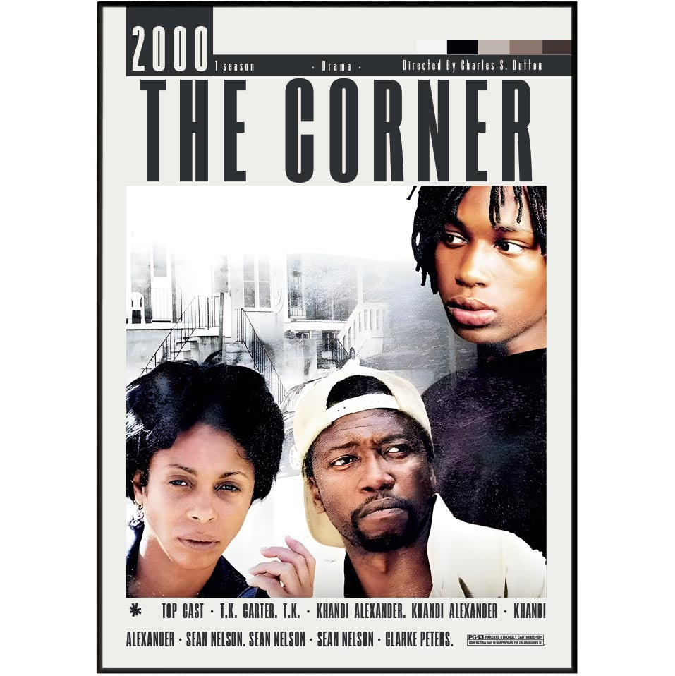Movie poster for 'The Corner' featuring three people with a cityscape background.