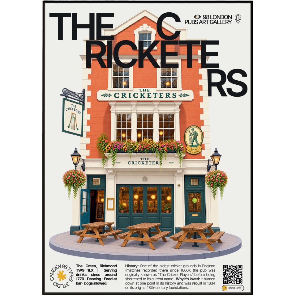 The Cricketers poster, Richmond Green, London: pub facade overlooking a historic cricket green - 98 London Pubs Art Gallery by 98 Types