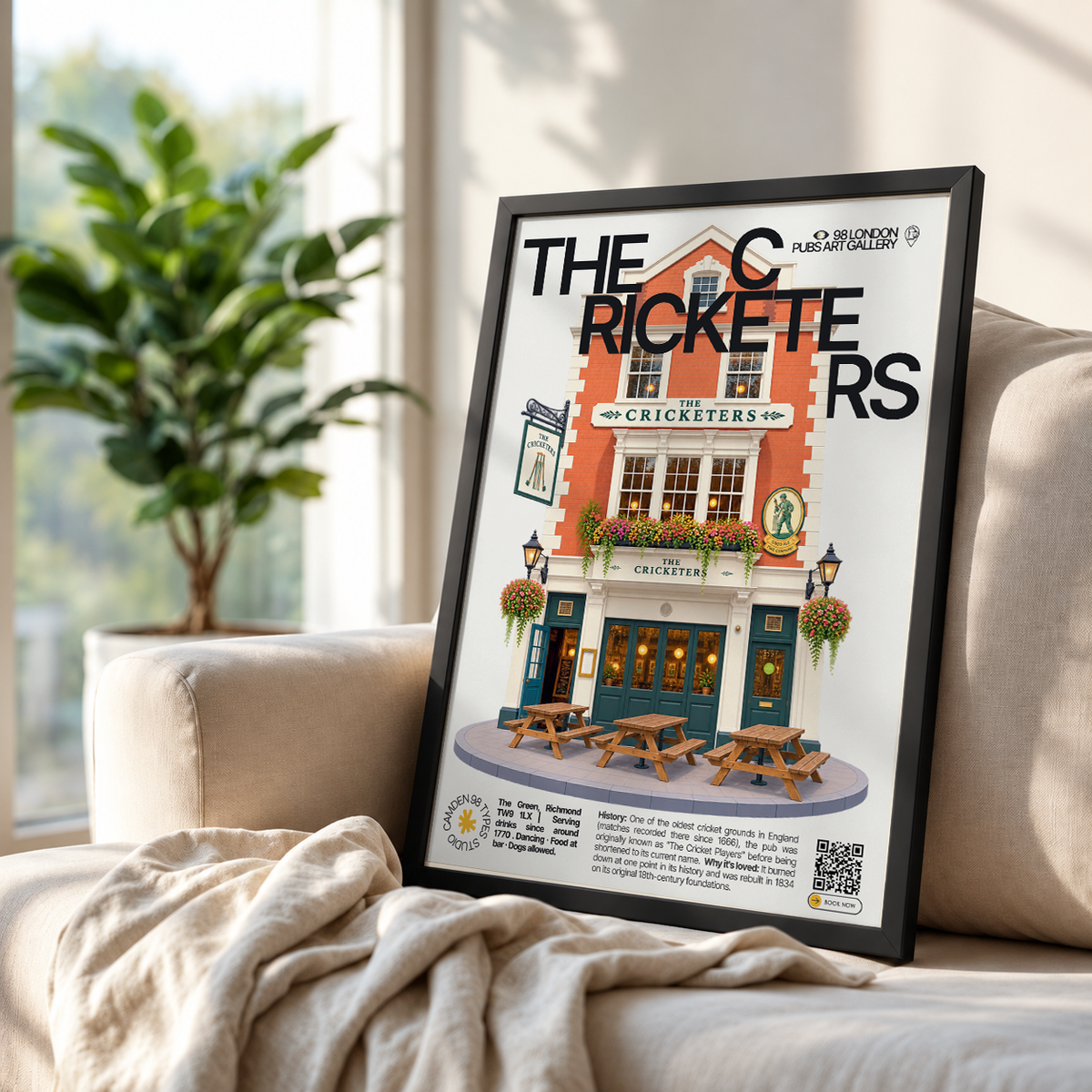 The Cricketers poster, Richmond Green, London: pub facade overlooking a historic cricket green - 98 London Pubs Art Gallery by 98 Types