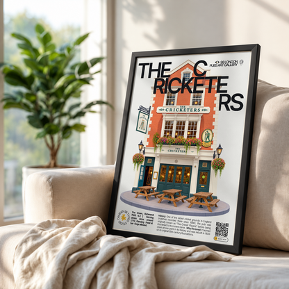 The Cricketers poster, Richmond Green, London: pub facade overlooking a historic cricket green - 98 London Pubs Art Gallery by 98 Types