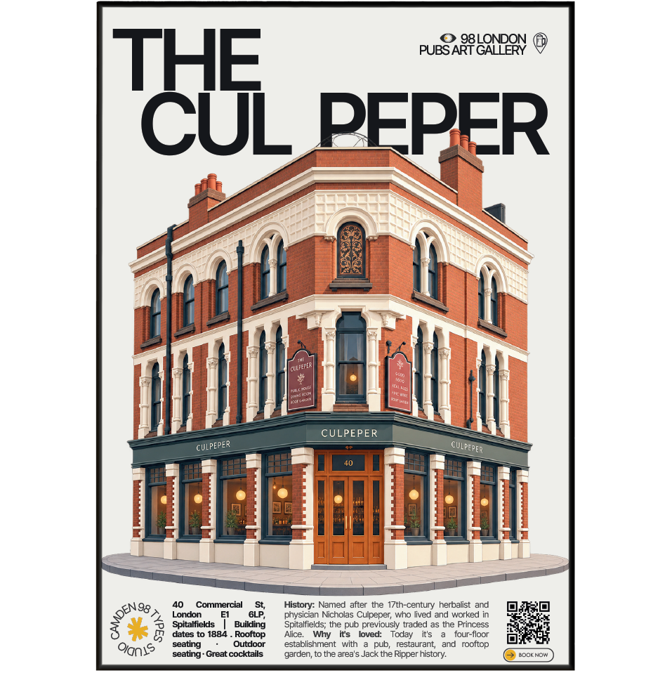 The Culpeper poster, Spitalfields, London: four-storey Spitalfields building with rooftop garden - 98 London Pubs Art Gallery by 98 Types