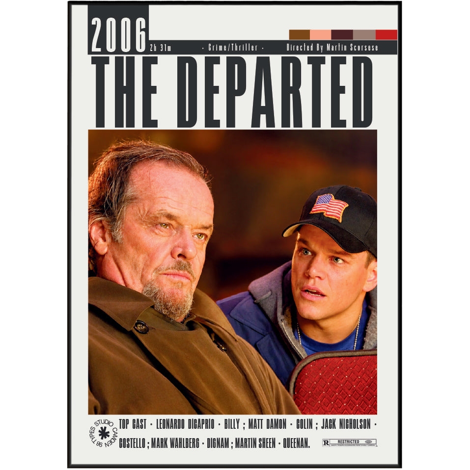 The Departed 2006 movie poster featuring Jack Nicholson and Matt Damon in a black-bordered frame. The poster has a white background with bold black title text and cast names at the bottom.
