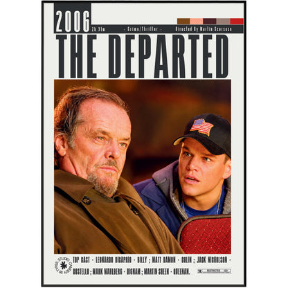 The Departed 2006 movie poster featuring Jack Nicholson and Matt Damon in a black-bordered frame. The poster has a white background with bold black title text and cast names at the bottom.