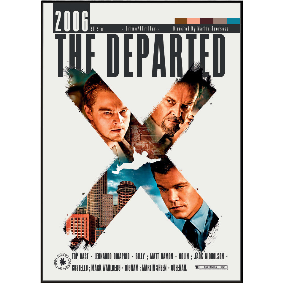 The movie poster for 'The Departed' (2006) on a white background with a thin black border. The title 'THE DEPARTED' is printed in large black letters at the top, with a large black 'X' made from stylized portraits of the cast.