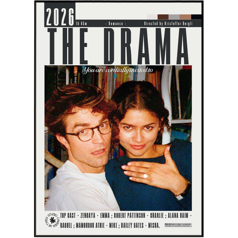 A movie poster for the 2026 film 'The Drama' featuring a central photograph of a man and woman embracing in front of bookshelves, with cast and crew names listed at the bottom.