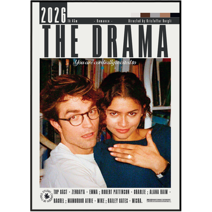 A movie poster for the 2026 film 'The Drama' featuring a central photograph of a man and woman embracing in front of bookshelves, with cast and crew names listed at the bottom.