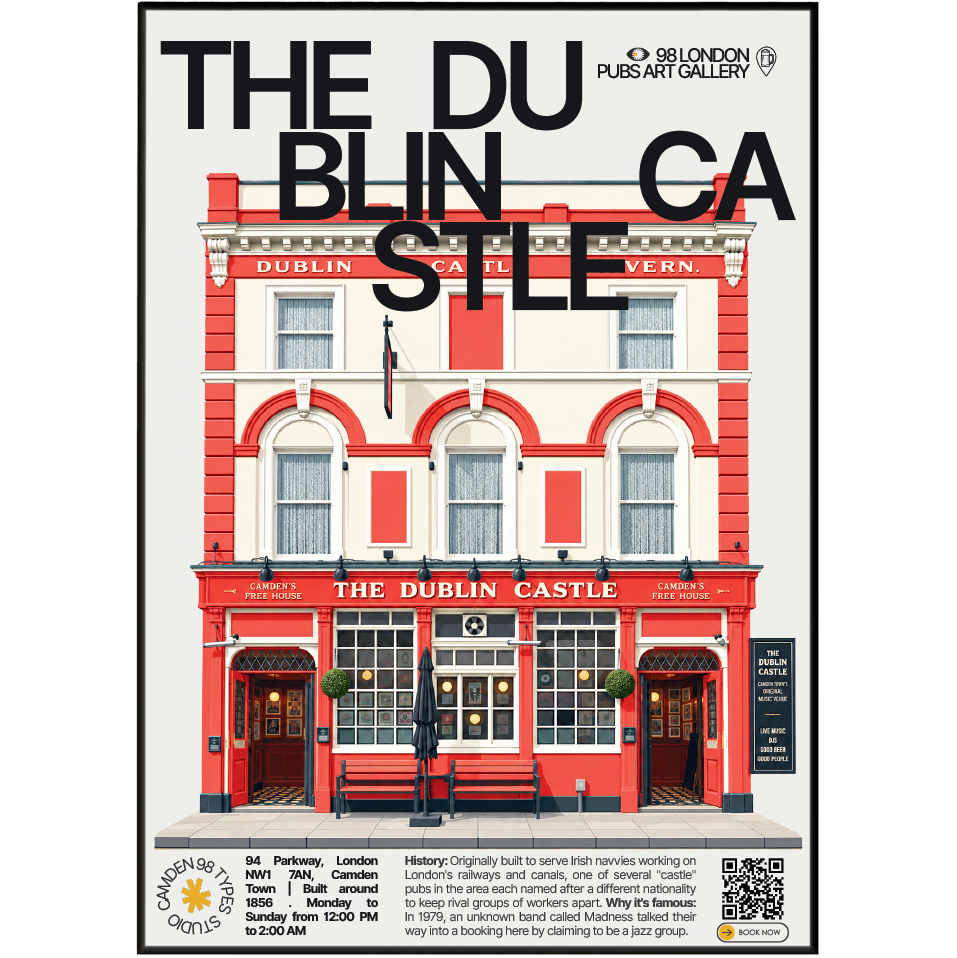 The Dublin Castle poster, Camden Town, London: Victorian Camden pub facade with gig posters in the window - 98 London Pubs Art Gallery by 98 Types
